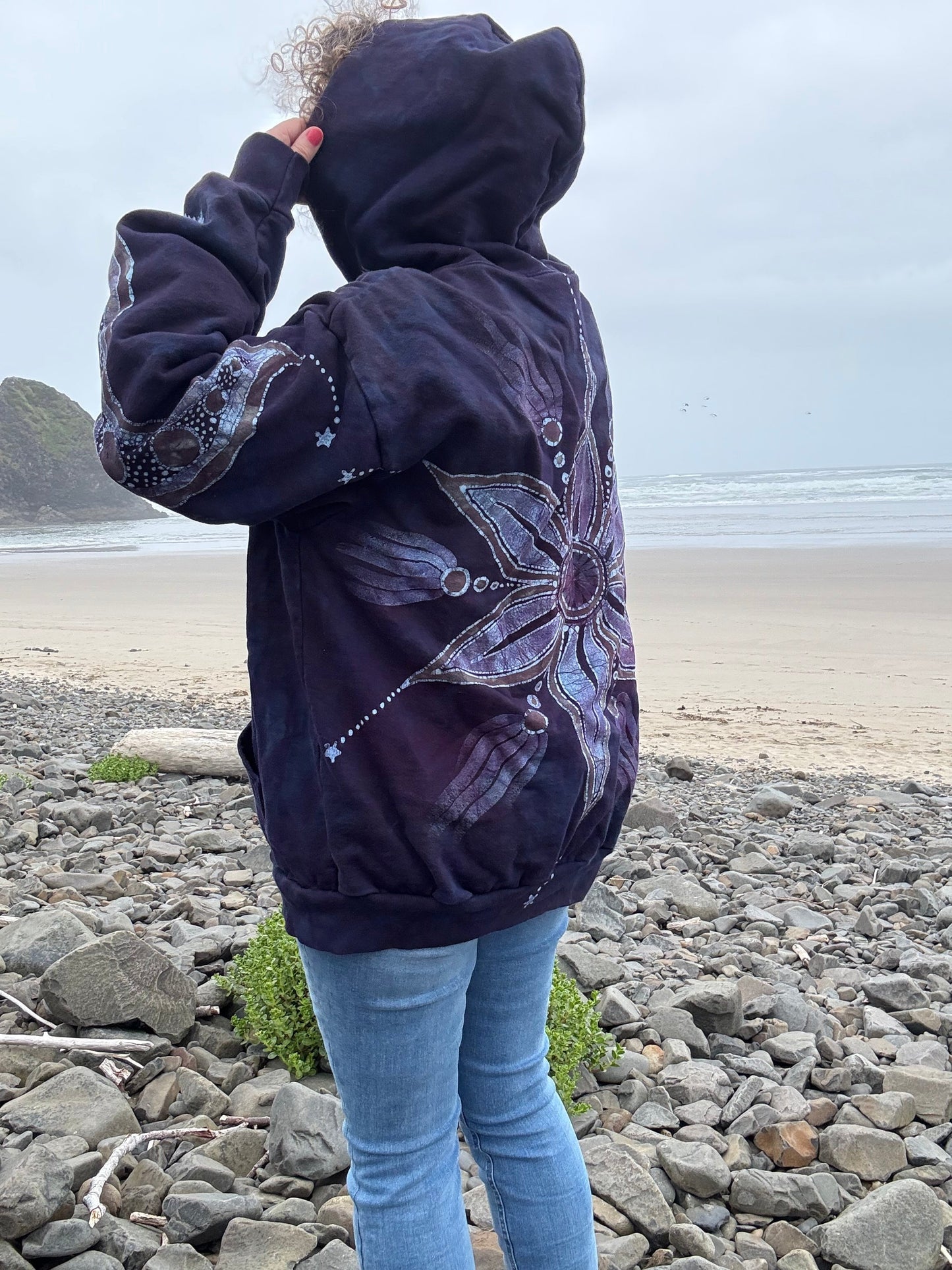Midnight Moonlight Starflower Handcrafted Batik Zipper Hoodie - Unisex Size XL hoodie batikwalla 