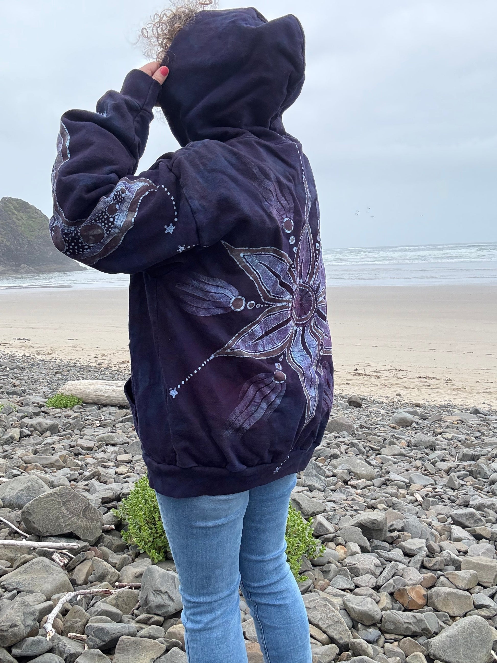 Midnight Moonlight Starflower Handcrafted Batik Zipper Hoodie - Unisex Size XL hoodie batikwalla 
