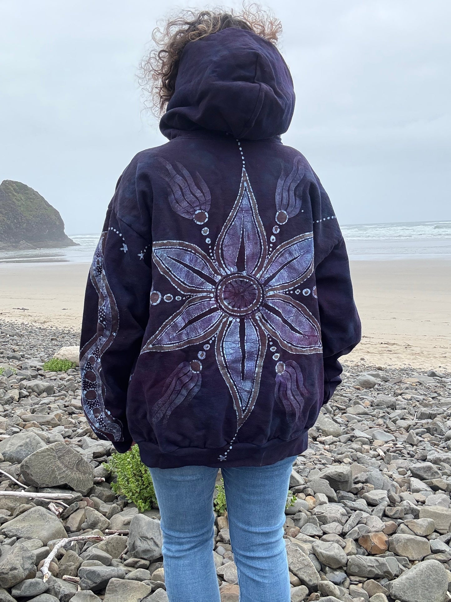 Midnight Moonlight Starflower Handcrafted Batik Zipper Hoodie - Unisex Size XL hoodie batikwalla 