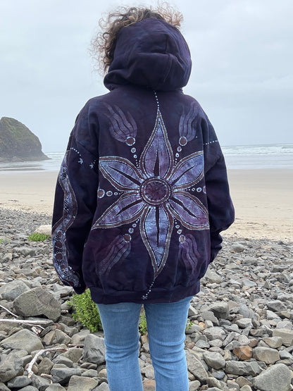 Midnight Moonlight Starflower Handcrafted Batik Zipper Hoodie - Unisex Size XL hoodie batikwalla 