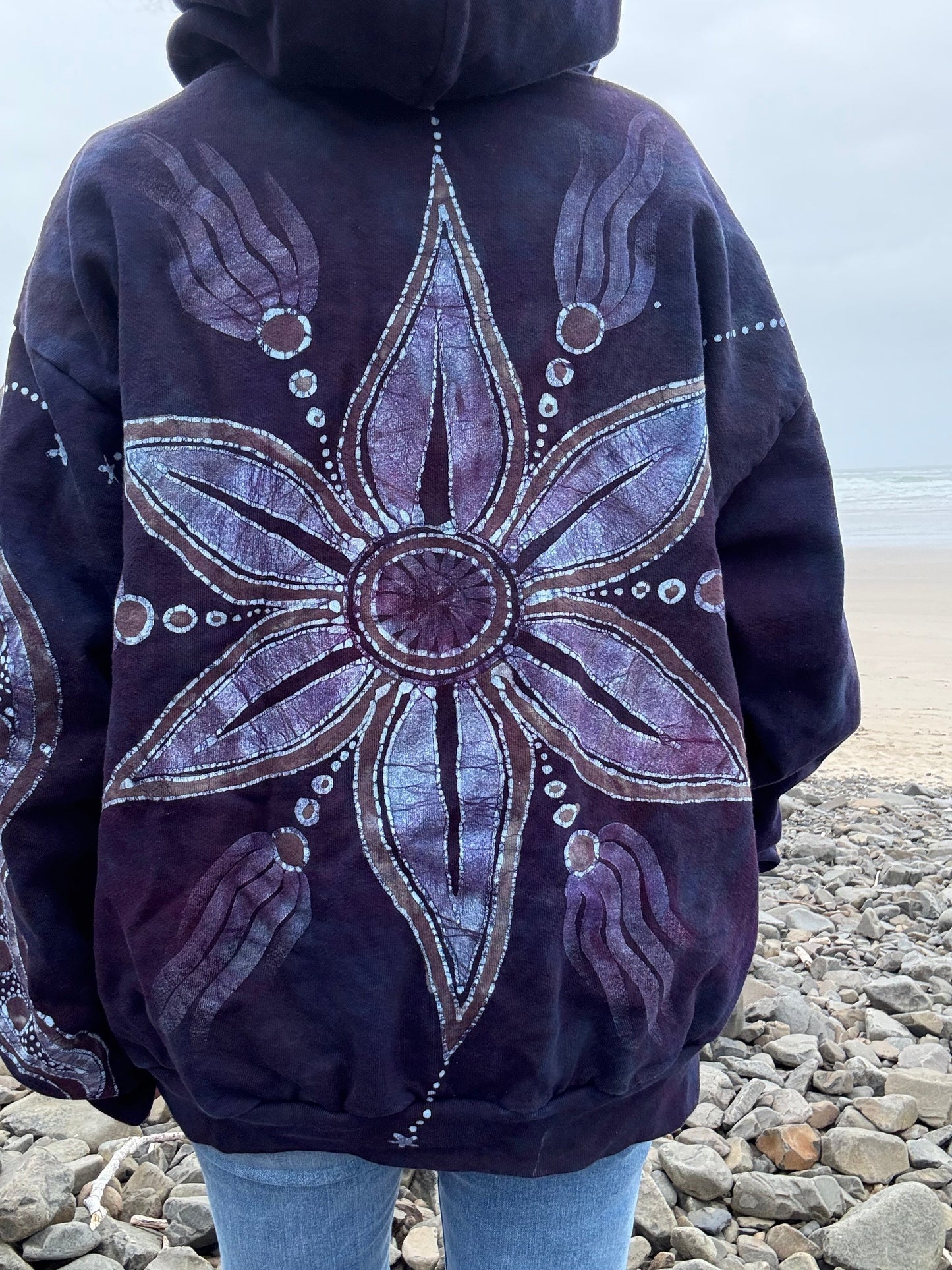 Midnight Moonlight Starflower Handcrafted Batik Zipper Hoodie - Unisex Size XL hoodie batikwalla 