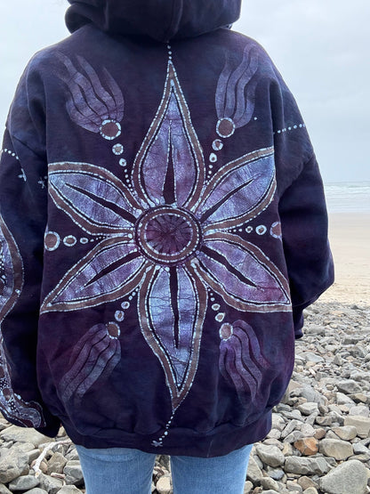 Midnight Moonlight Starflower Handcrafted Batik Zipper Hoodie - Unisex Size XL hoodie batikwalla 