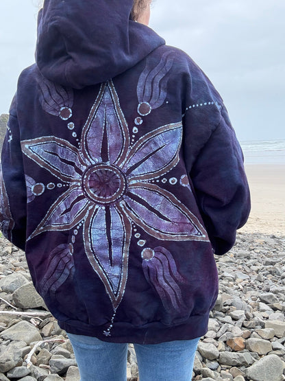 Midnight Moonlight Starflower Handcrafted Batik Zipper Hoodie - Unisex Size XL hoodie batikwalla XL 