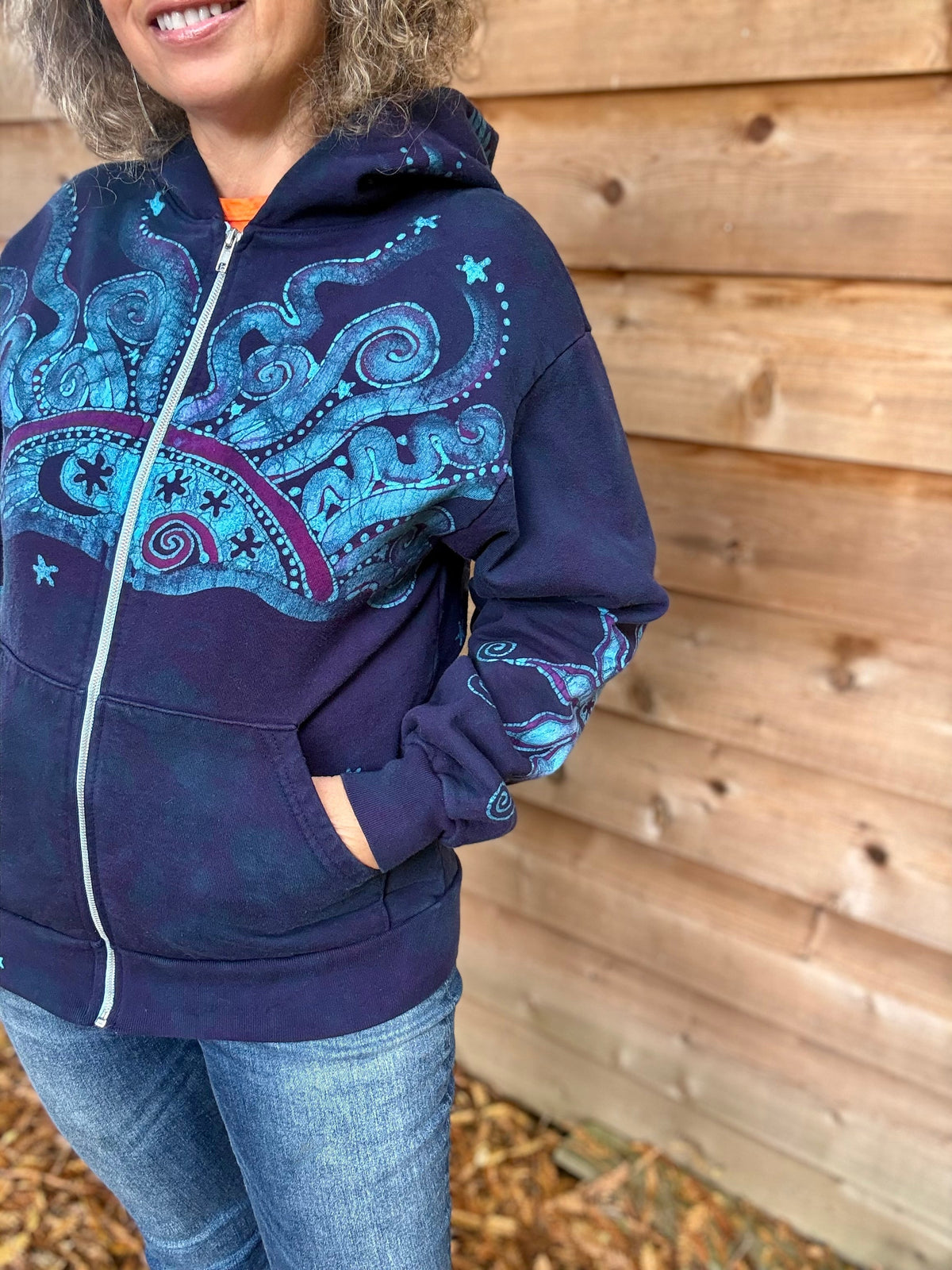 Mystic Moonlight With Turquoise Sunrise Batik Hoodie Unisex - Zip Up hoodie batikwalla Small 