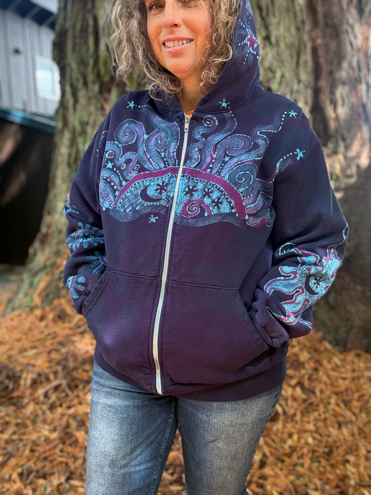 Mystic Moonlight With Turquoise Sunrise Batik Hoodie Unisex - Zip Up hoodie batikwalla Medium 