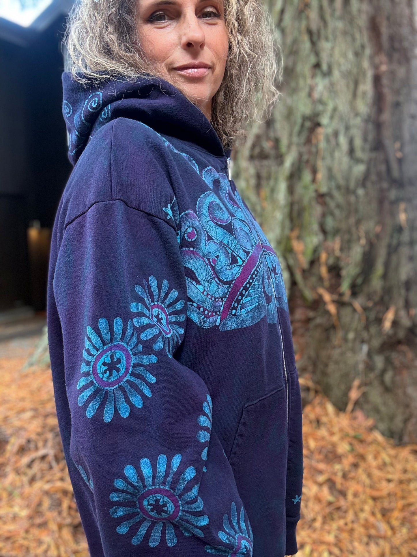 Mystic Moonlight With Turquoise Sunrise Batik Hoodie Unisex - Zip Up hoodie batikwalla Large 