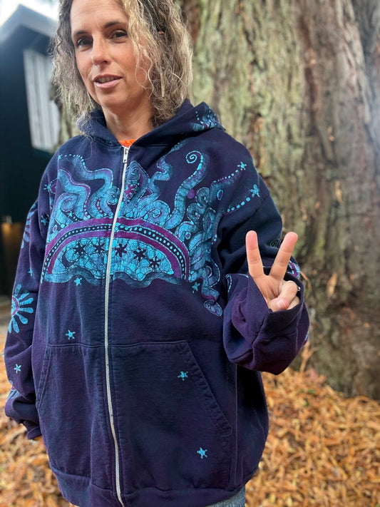 Mystic Moonlight With Turquoise Sunrise Batik Hoodie Unisex - Zip Up hoodie batikwalla 2X 