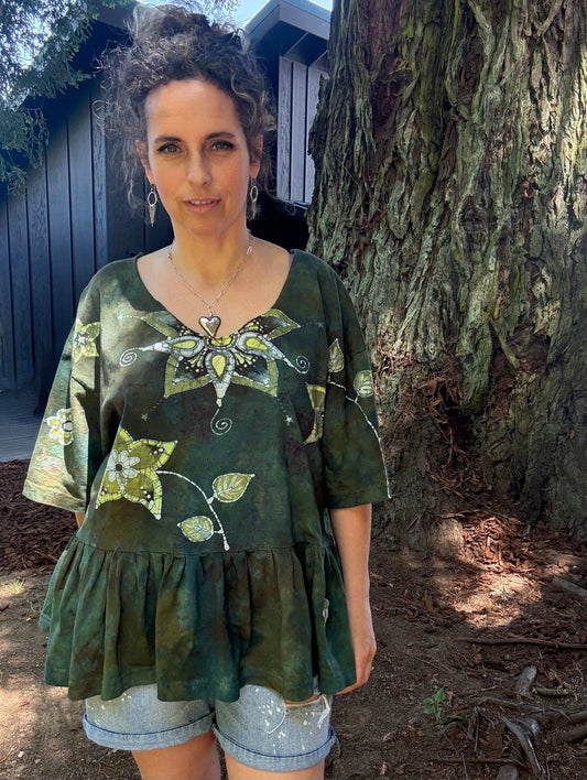 Forest Garden Batik Top – Handmade Green Peplum with Golden Florals Batikwalla by Victoria XL 
