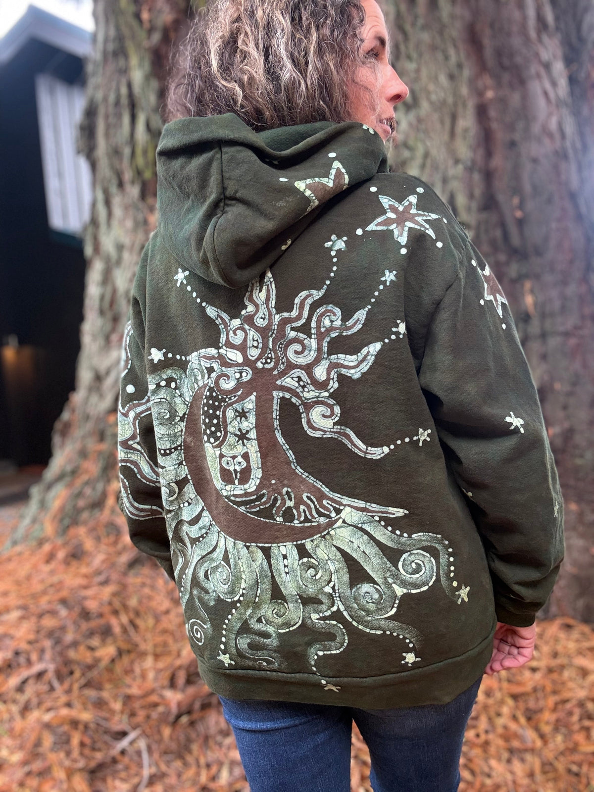 Forest Moon Star Owl Hoodie - Handmade Batik - Unisex Plus Size hoodie batikwalla 