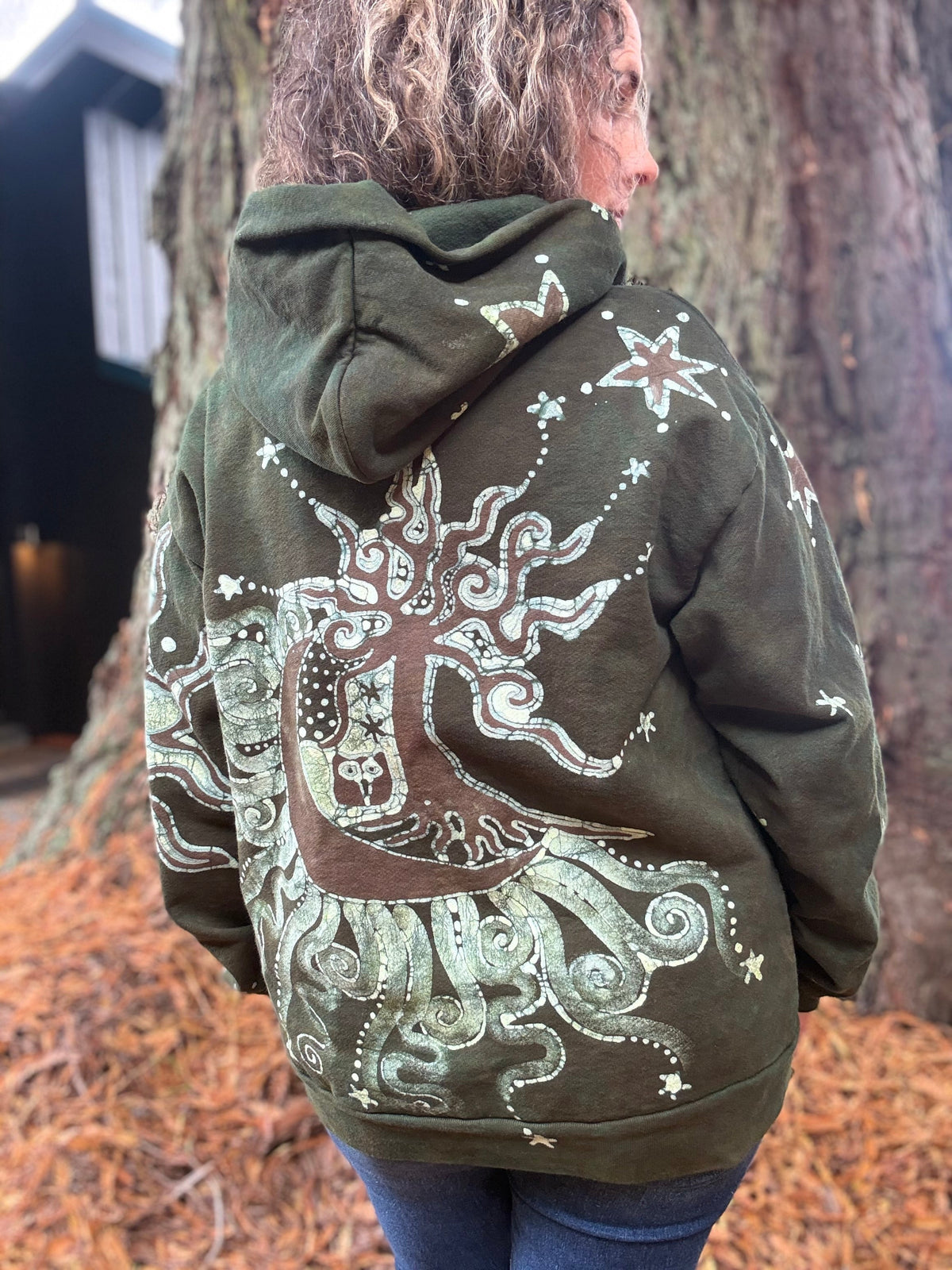 Forest Moon Star Owl Hoodie - Handmade Batik - Unisex Plus Size hoodie batikwalla Medium 