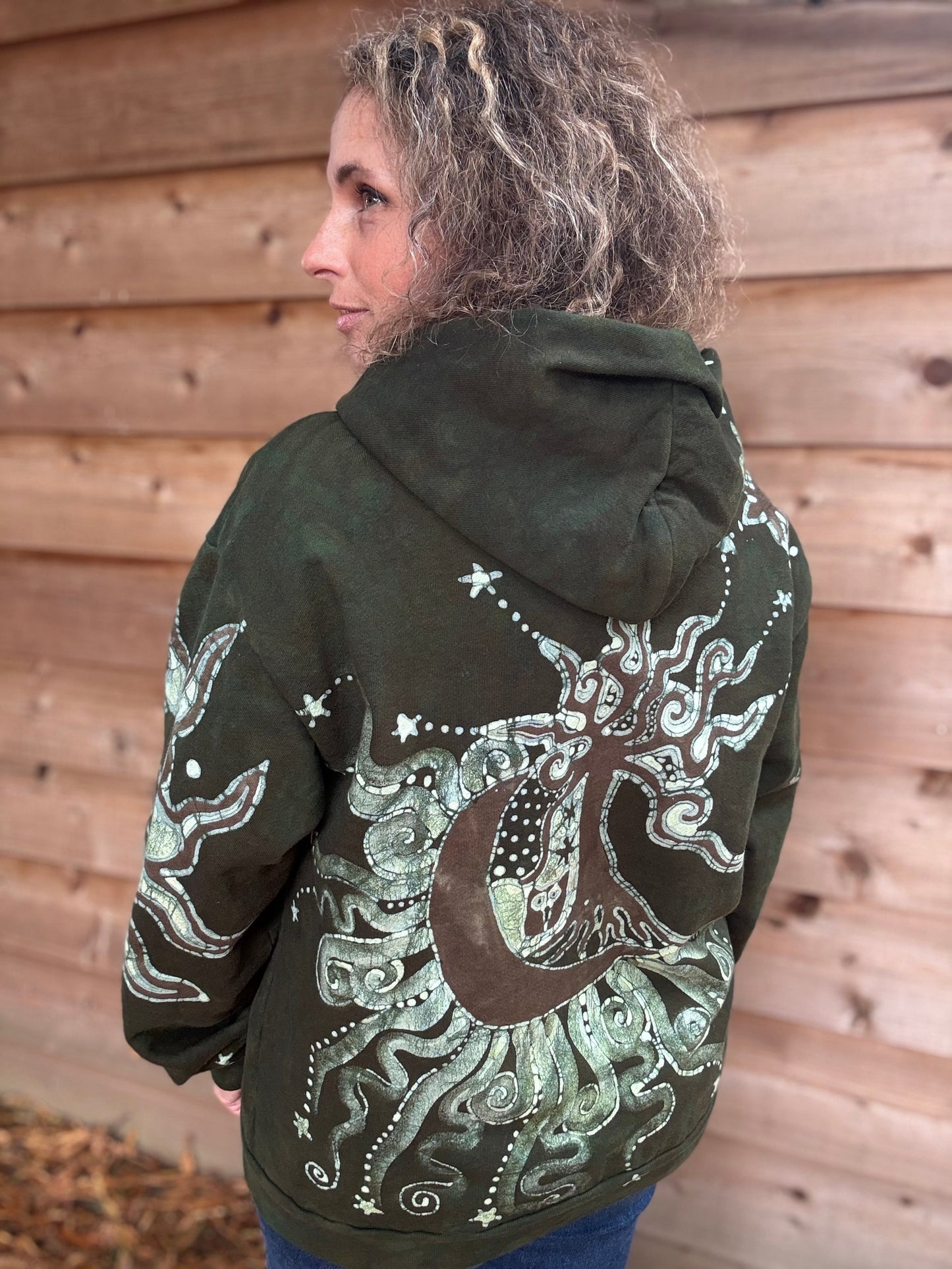 Forest Moon Star Owl Hoodie - Handmade Batik - Unisex Plus Size hoodie batikwalla 
