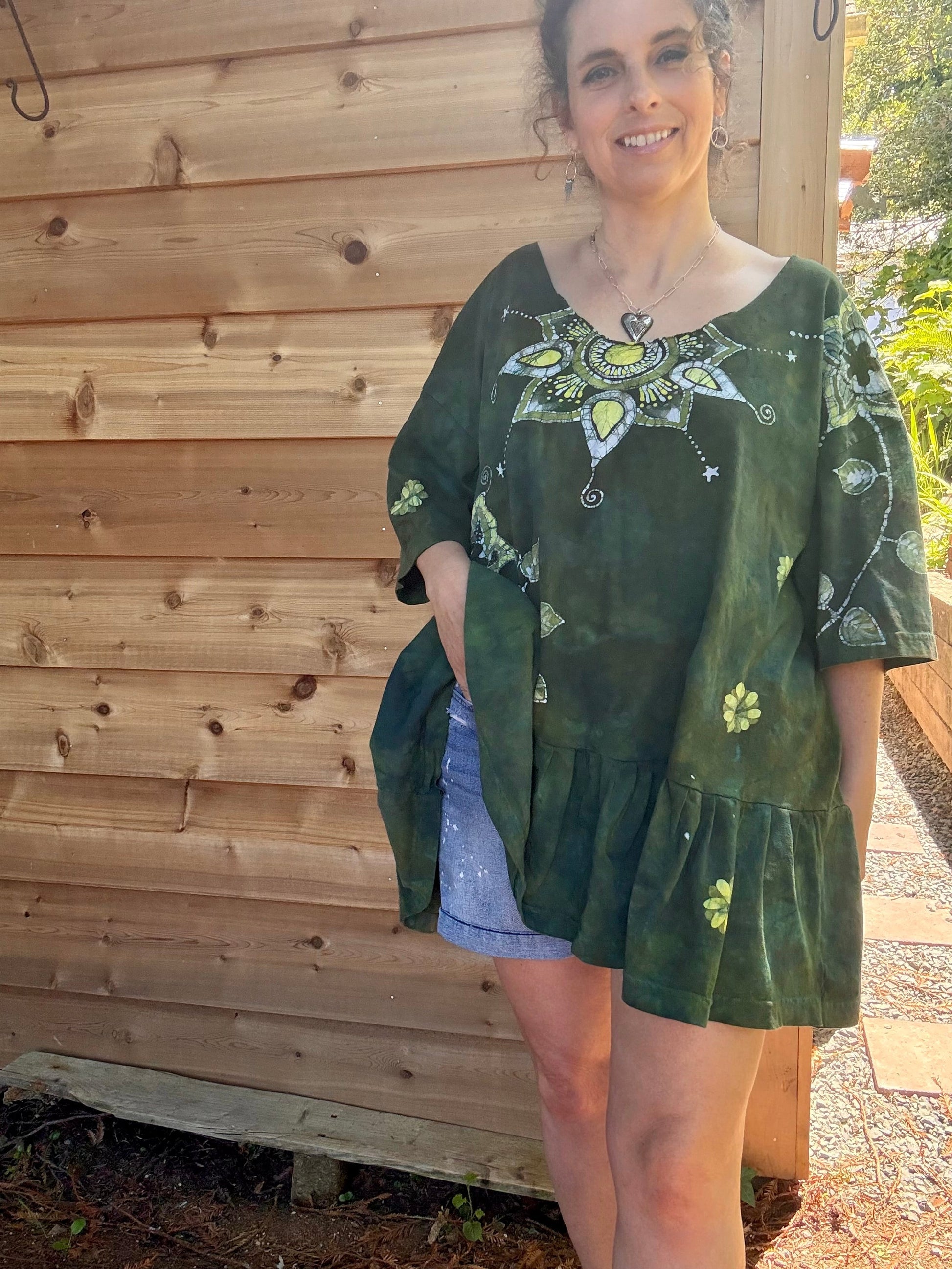 Forest Garden Batik Top – Handmade Green Peplum with Golden Florals Batikwalla by Victoria 3XL 