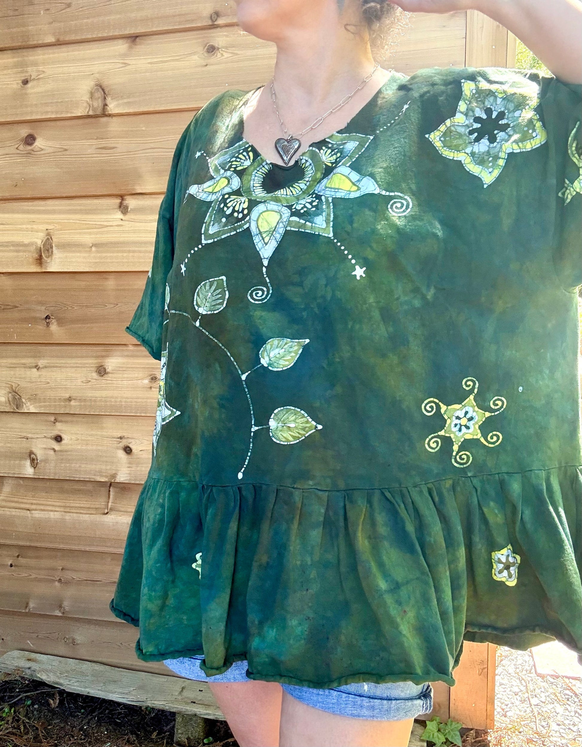 Forest Garden Batik Top – Handmade Green Peplum with Golden Florals Batikwalla by Victoria 2XL 