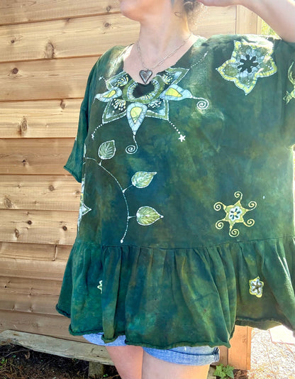 Forest Garden Batik Top – Handmade Green Peplum with Golden Florals Batikwalla by Victoria 2XL 