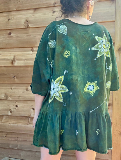 Forest Garden Batik Top – Handmade Green Peplum with Golden Florals Batikwalla by Victoria 