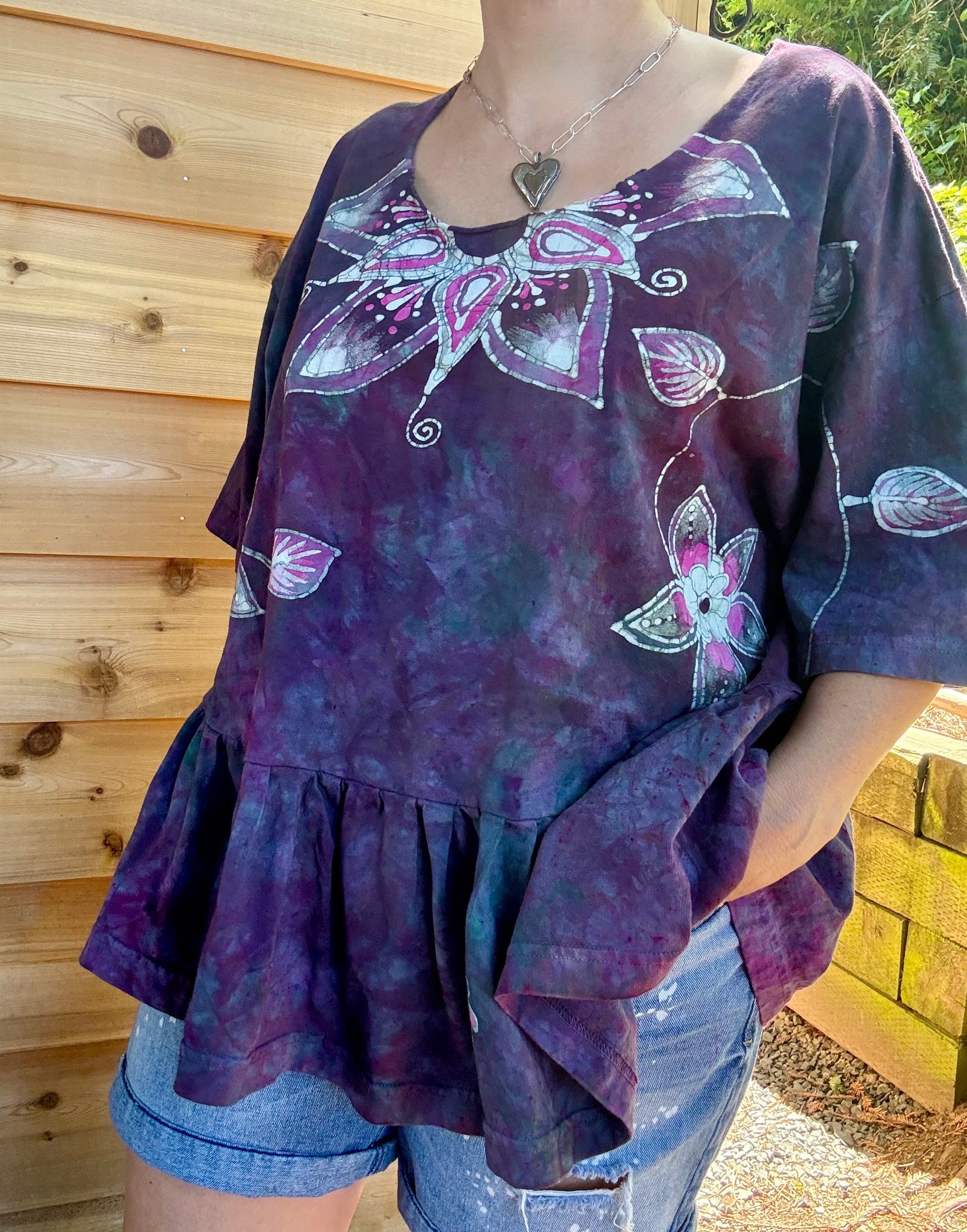 Mystic Bloom Batik Top – Purple & Pink Floral Hand-Painted Peplum Blouse Batikwalla by Victoria 