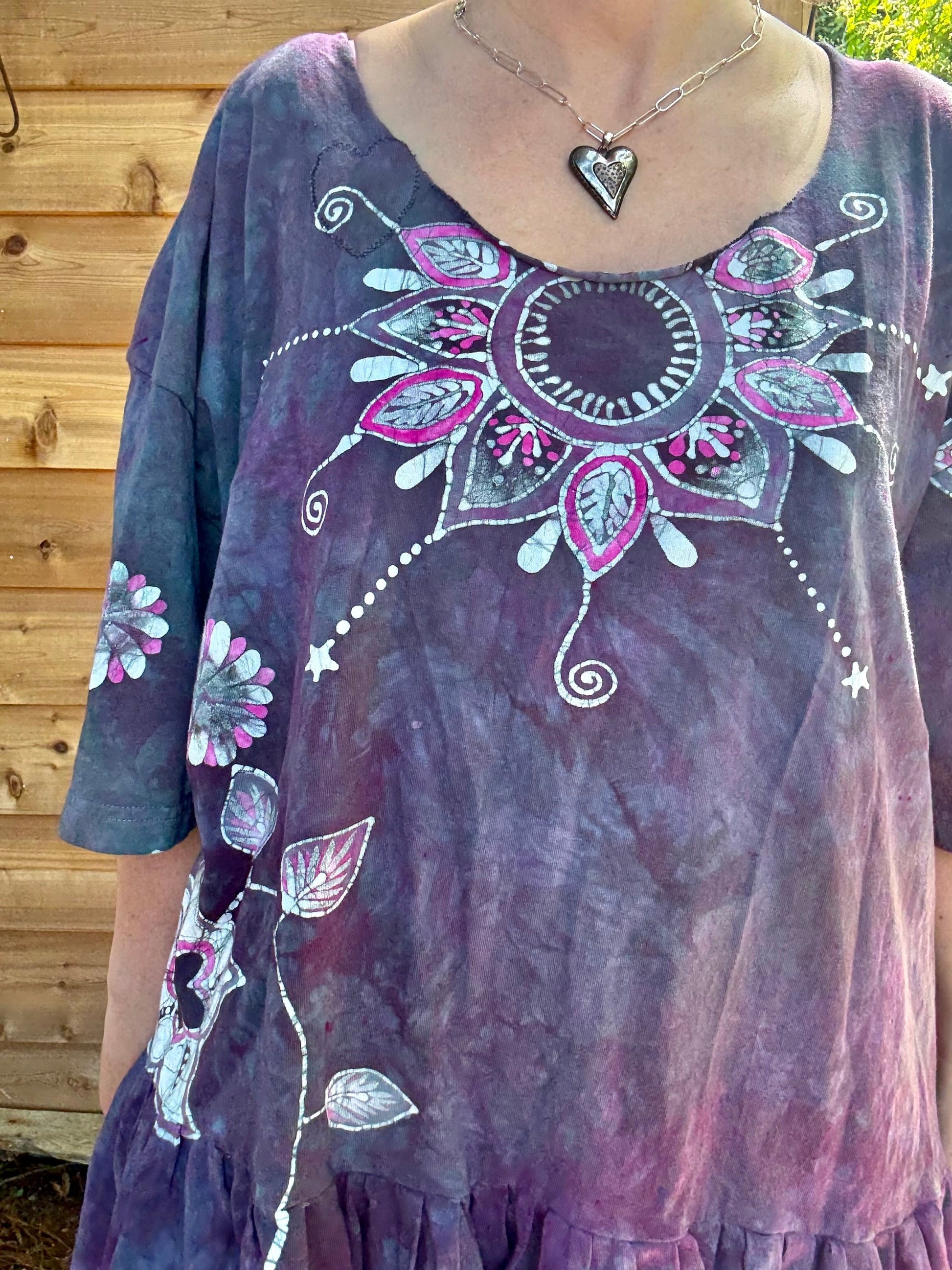 Mystic Bloom Batik Top – Purple & Pink Floral Hand-Painted Peplum Blouse Batikwalla by Victoria 3XL 