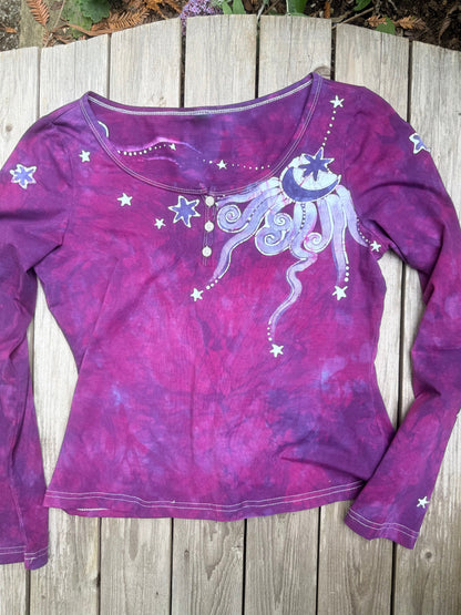 Bright Magenta Purple Moon and Stars Batik Long Sleeve Scoop Neck Tee Batikwalla Large 