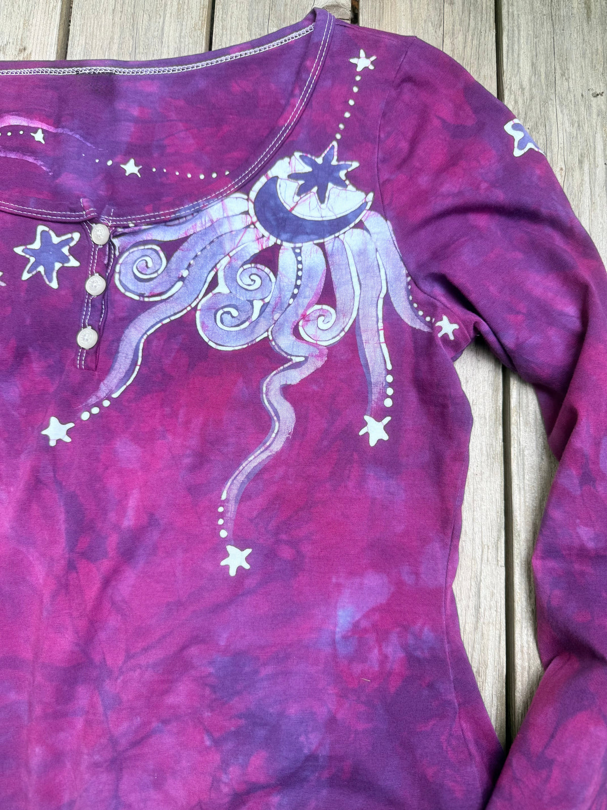 Bright Magenta Purple Moon and Stars Batik Long Sleeve Scoop Neck Tee Batikwalla Small 