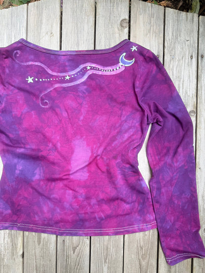 Bright Magenta Purple Moon and Stars Batik Long Sleeve Scoop Neck Tee Batikwalla 