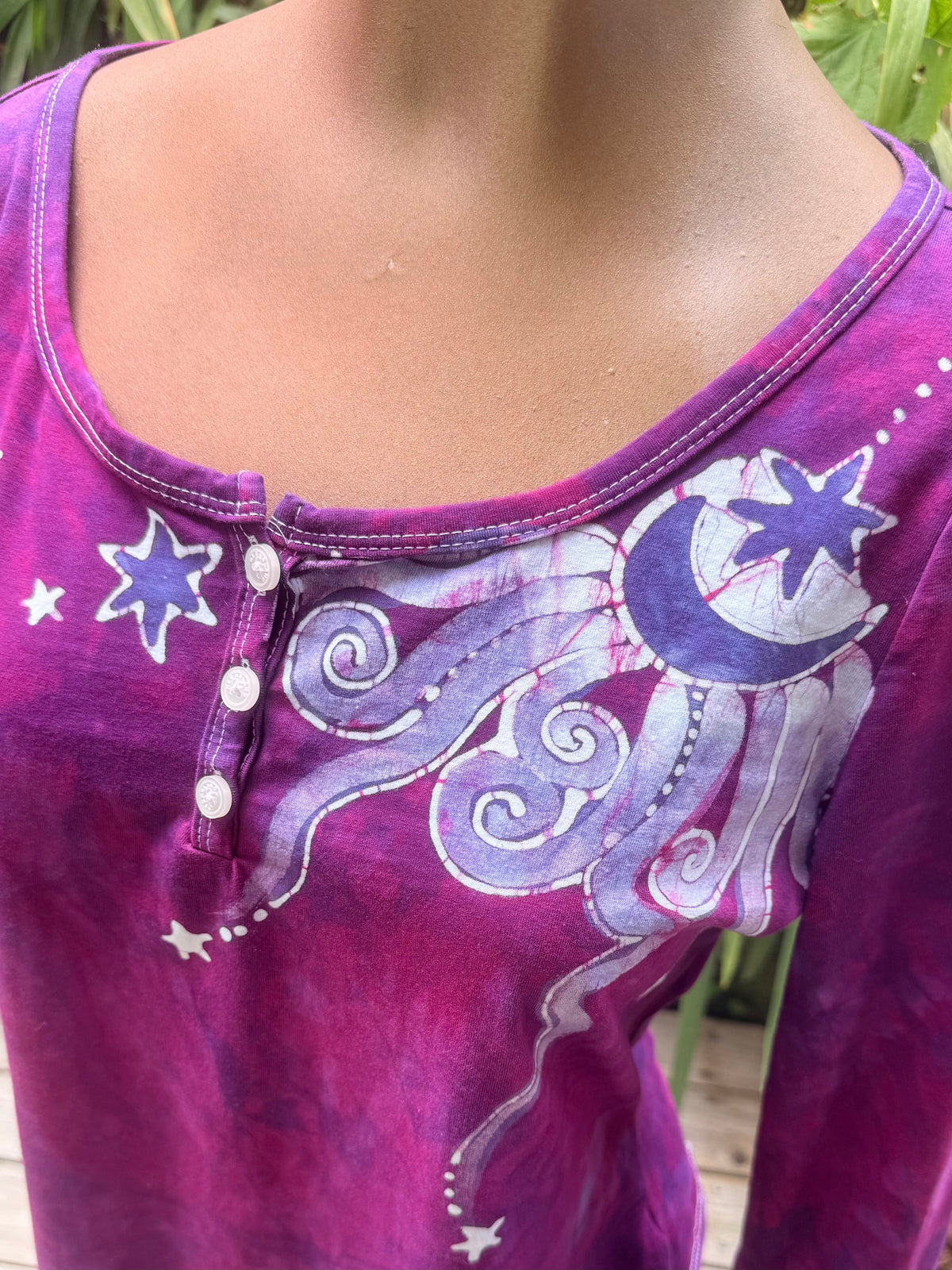 Bright Magenta Purple Moon and Stars Batik Long Sleeve Scoop Neck Tee Batikwalla Medium 