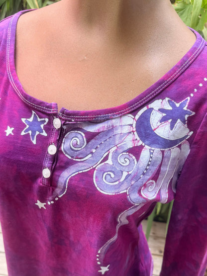 Bright Magenta Purple Moon and Stars Batik Long Sleeve Scoop Neck Tee Batikwalla Medium 