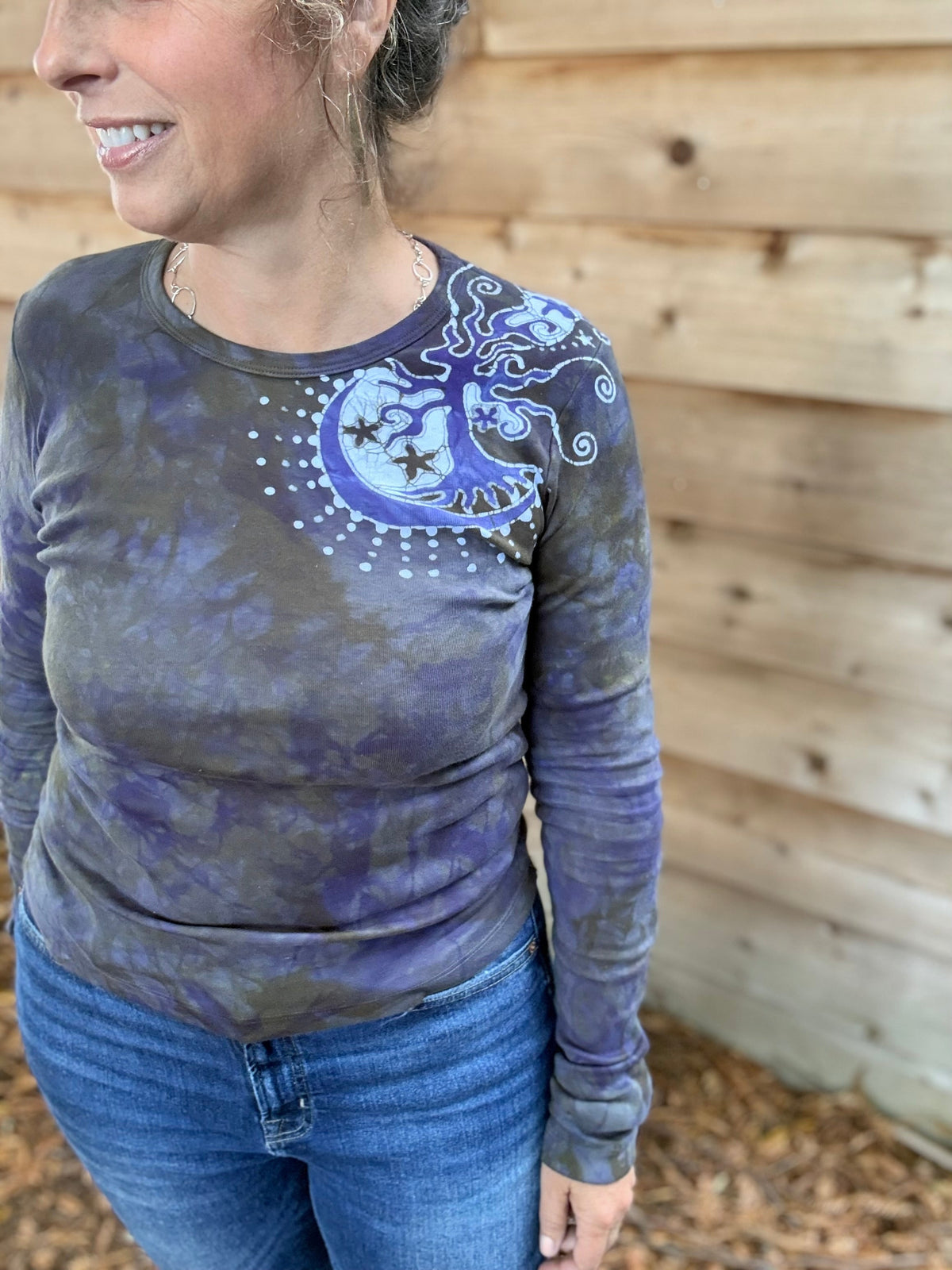 Stars and Moon Shoulder Tree Batik Long Sleeve Tee Batikwalla 