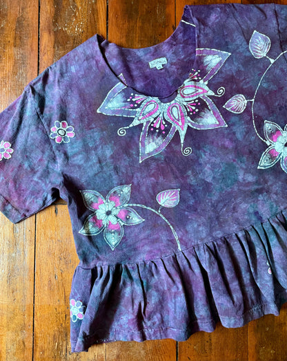 Mystic Bloom Batik Top – Purple & Pink Floral Hand-Painted Peplum Blouse Batikwalla by Victoria 