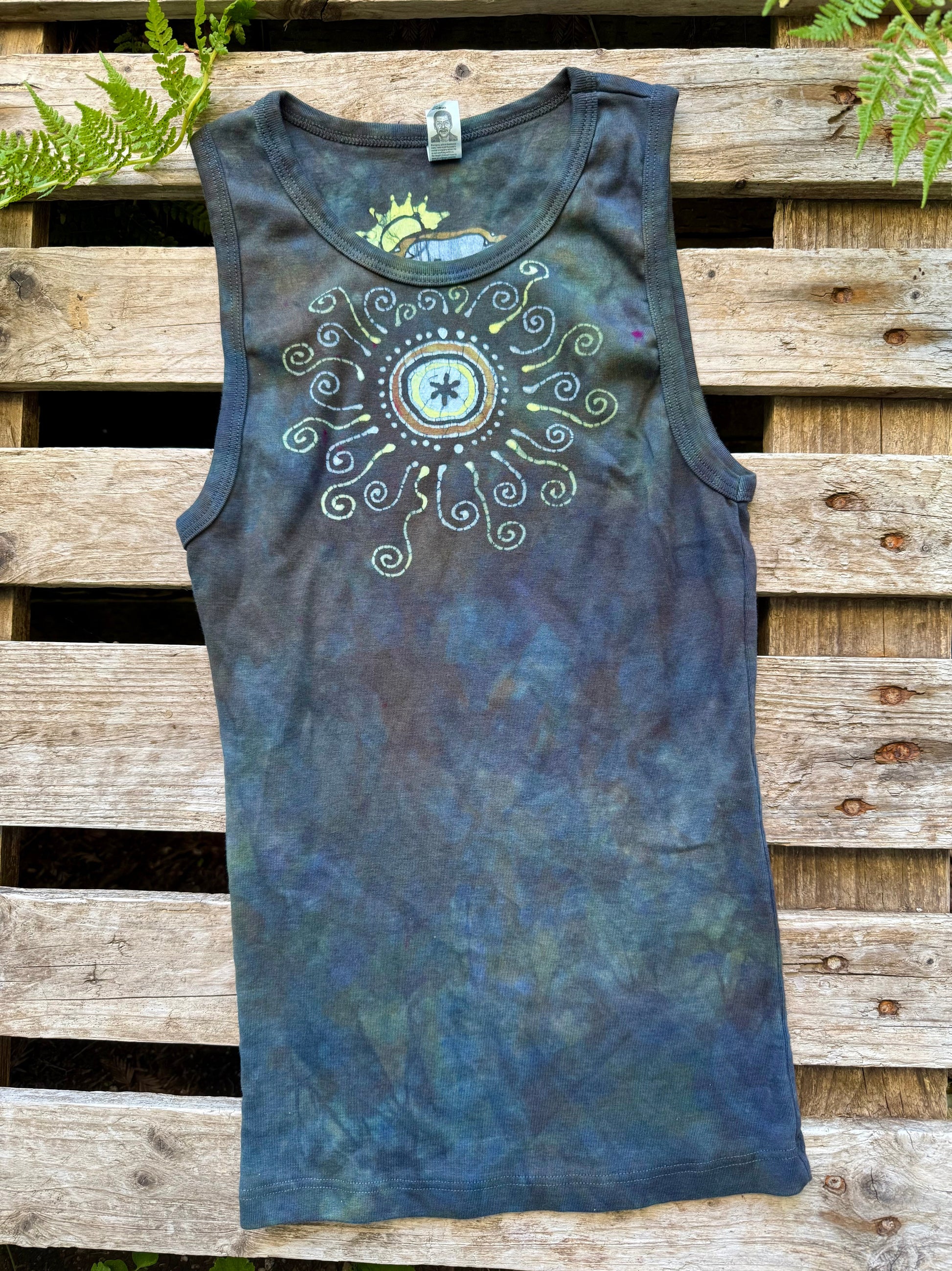 Stormlight Batik Tank – Charcoal Gray Mandala with Sunshine and Raindrops Batikwalla by Victoria Small 