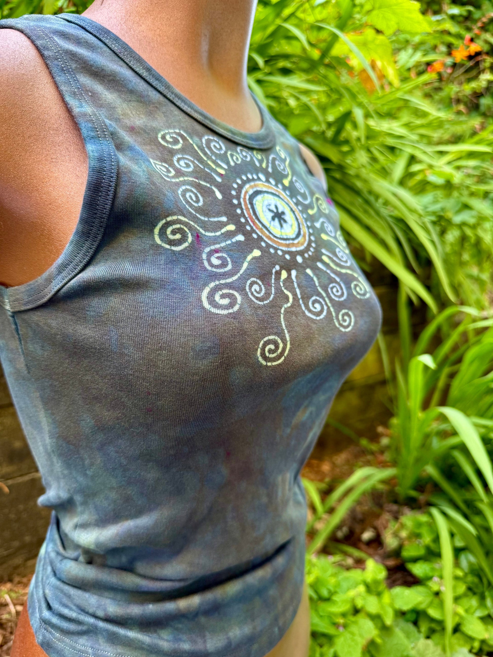 Stormlight Batik Tank – Charcoal Gray Mandala with Sunshine and Raindrops Batikwalla by Victoria 