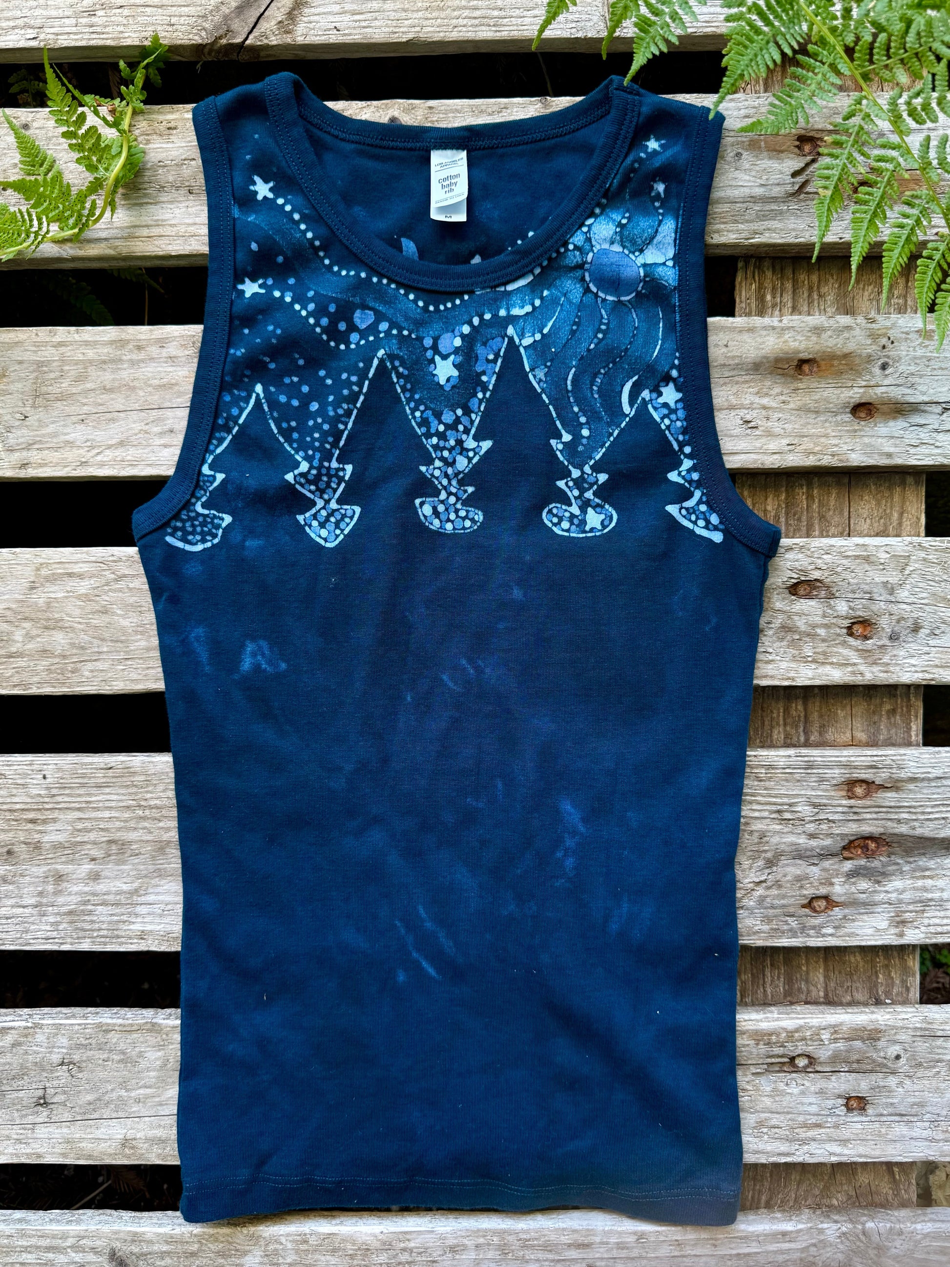 Forest Moon Batik Tank – Handmade Indigo Tree Line with Stars Batikwalla by Victoria 