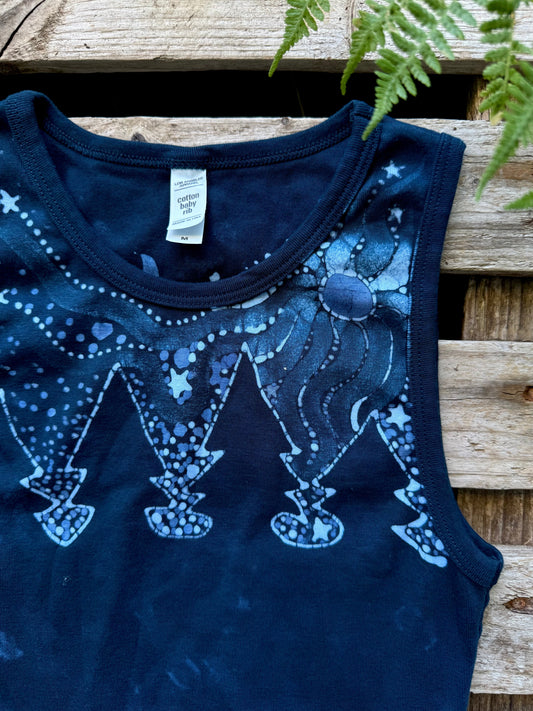 Forest Moon Batik Tank – Handmade Indigo Tree Line with Stars Batikwalla by Victoria 