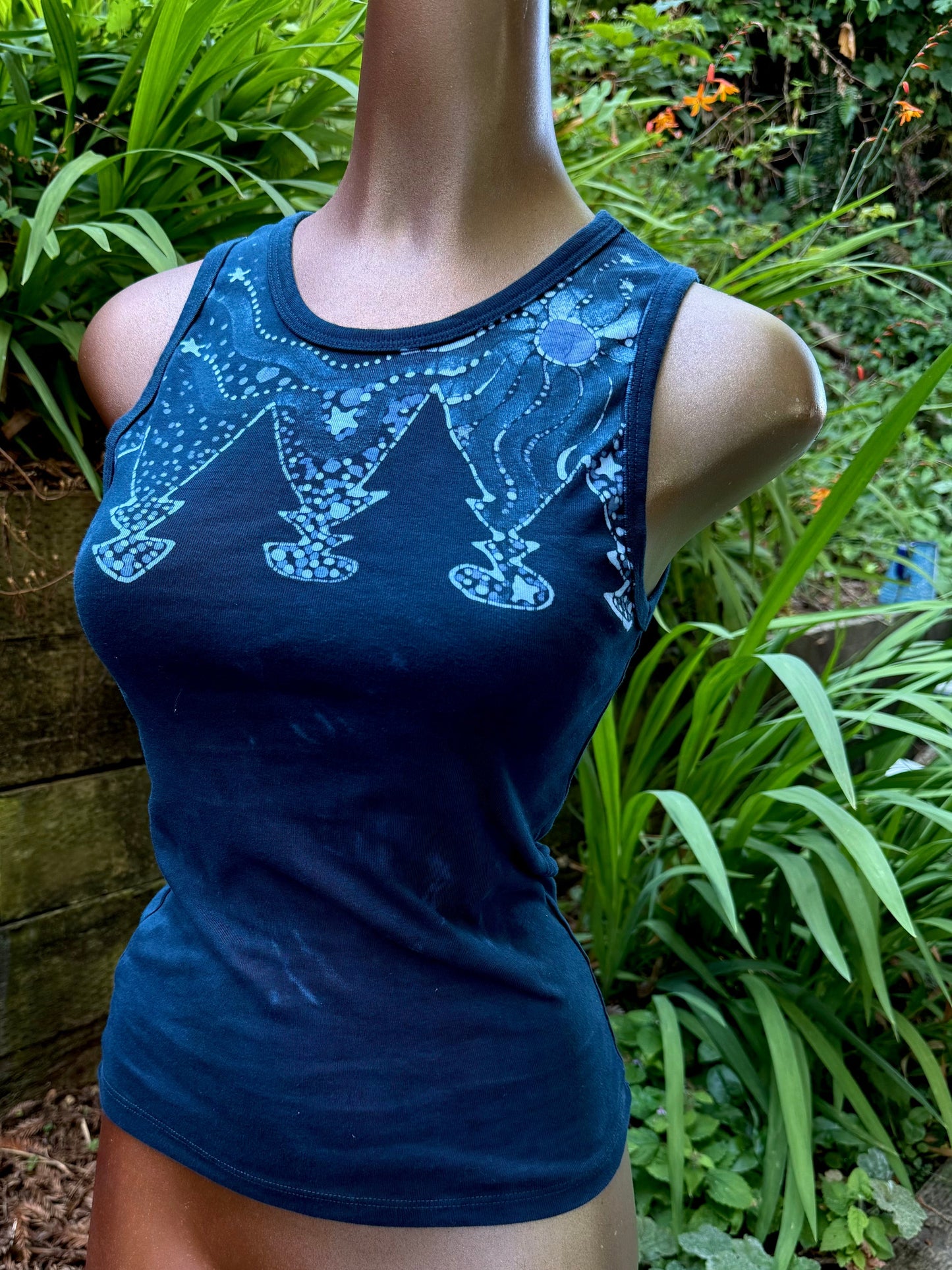 Forest Moon Batik Tank – Handmade Indigo Tree Line with Stars Batikwalla by Victoria 