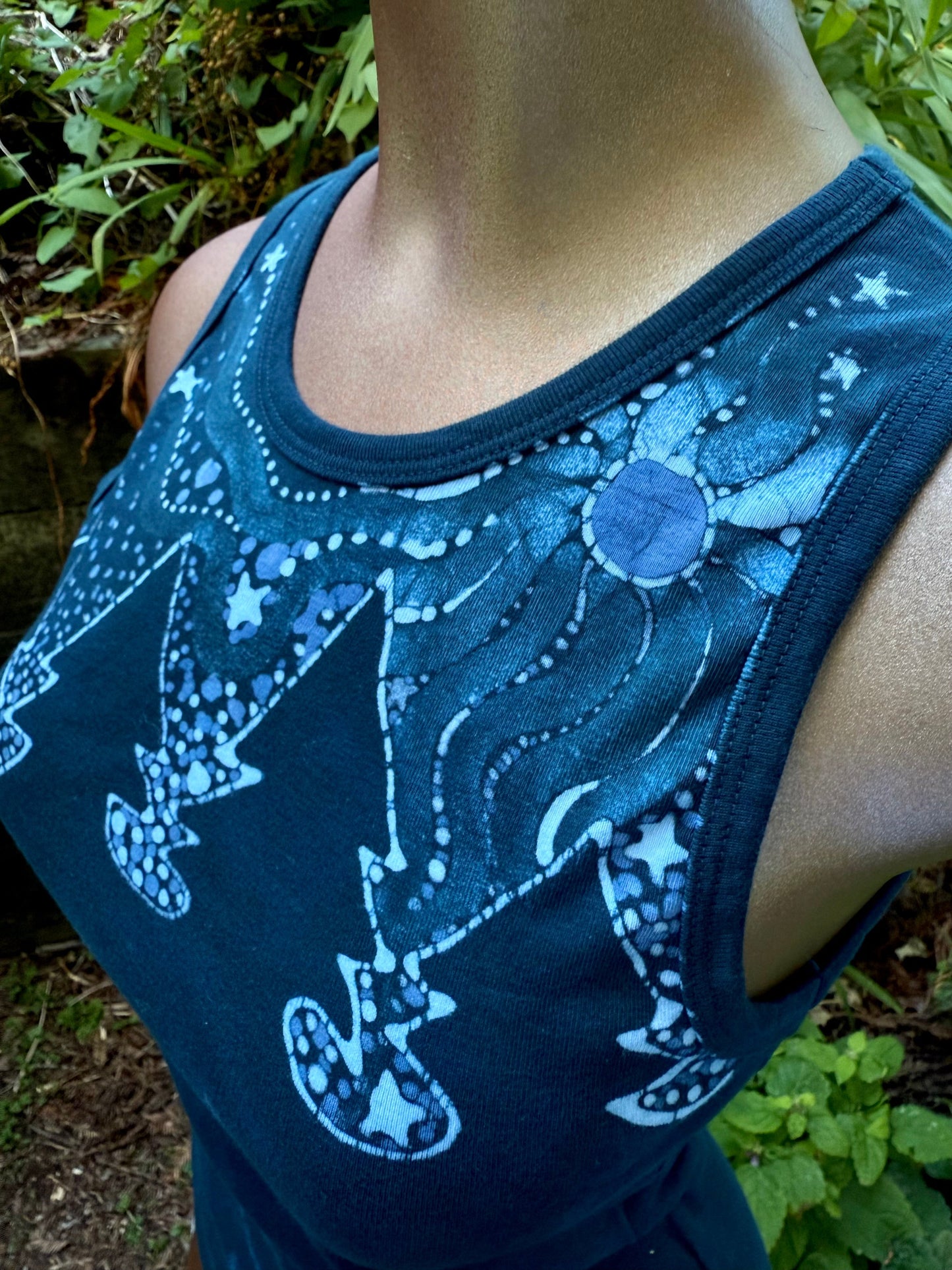 Forest Moon Batik Tank – Handmade Indigo Tree Line with Stars Batikwalla by Victoria 