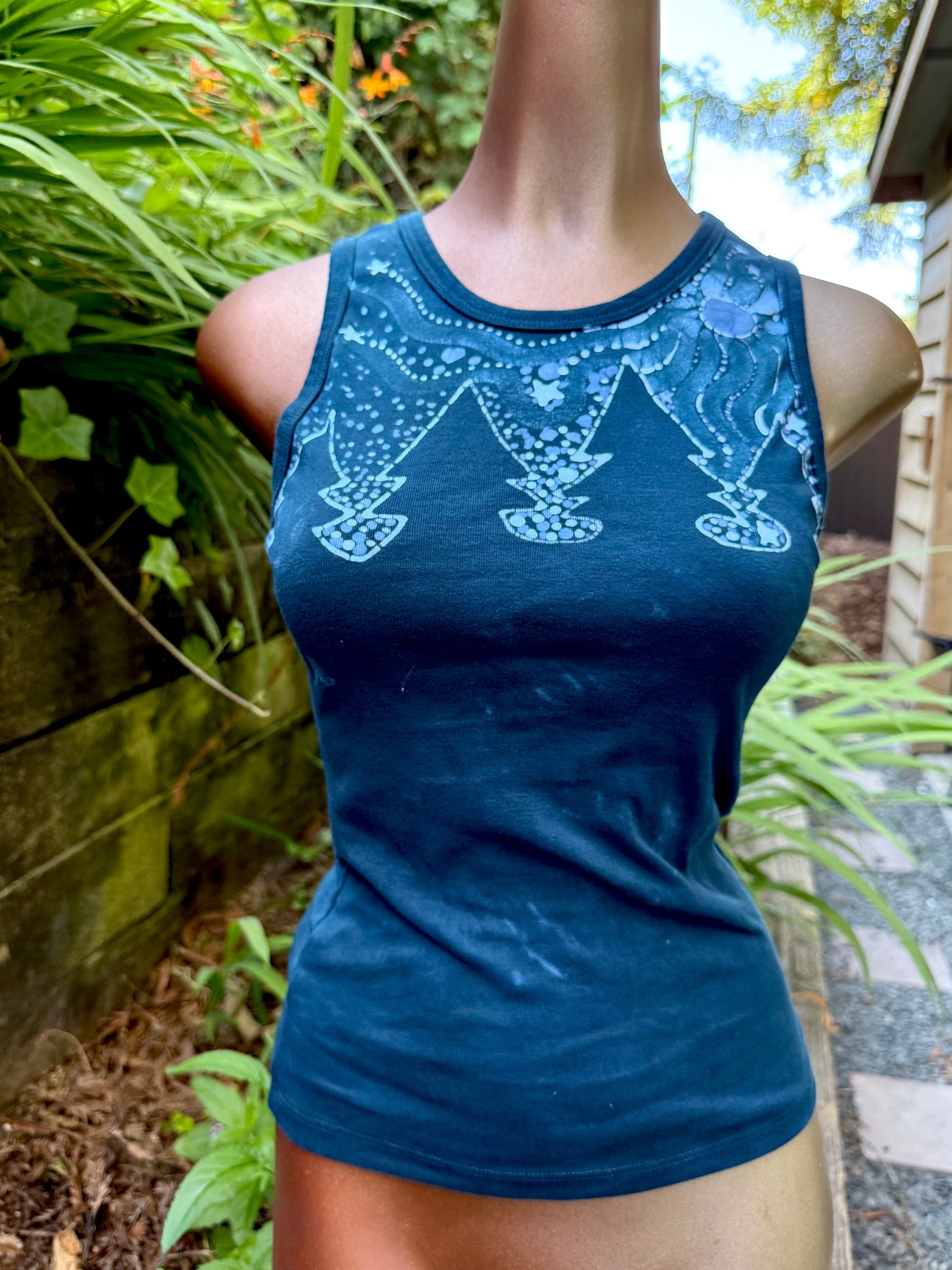 Forest Moon Batik Tank – Handmade Indigo Tree Line with Stars Batikwalla by Victoria 