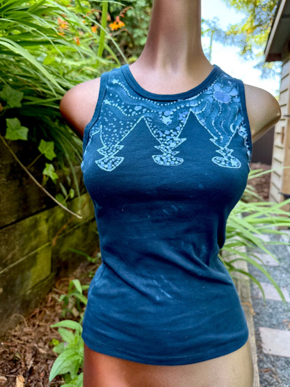 Forest Moon Batik Tank – Handmade Indigo Tree Line with Stars Batikwalla by Victoria 