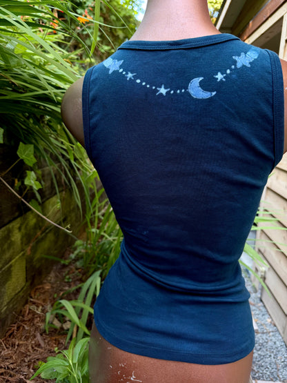 Forest Moon Batik Tank – Handmade Indigo Tree Line with Stars Batikwalla by Victoria 