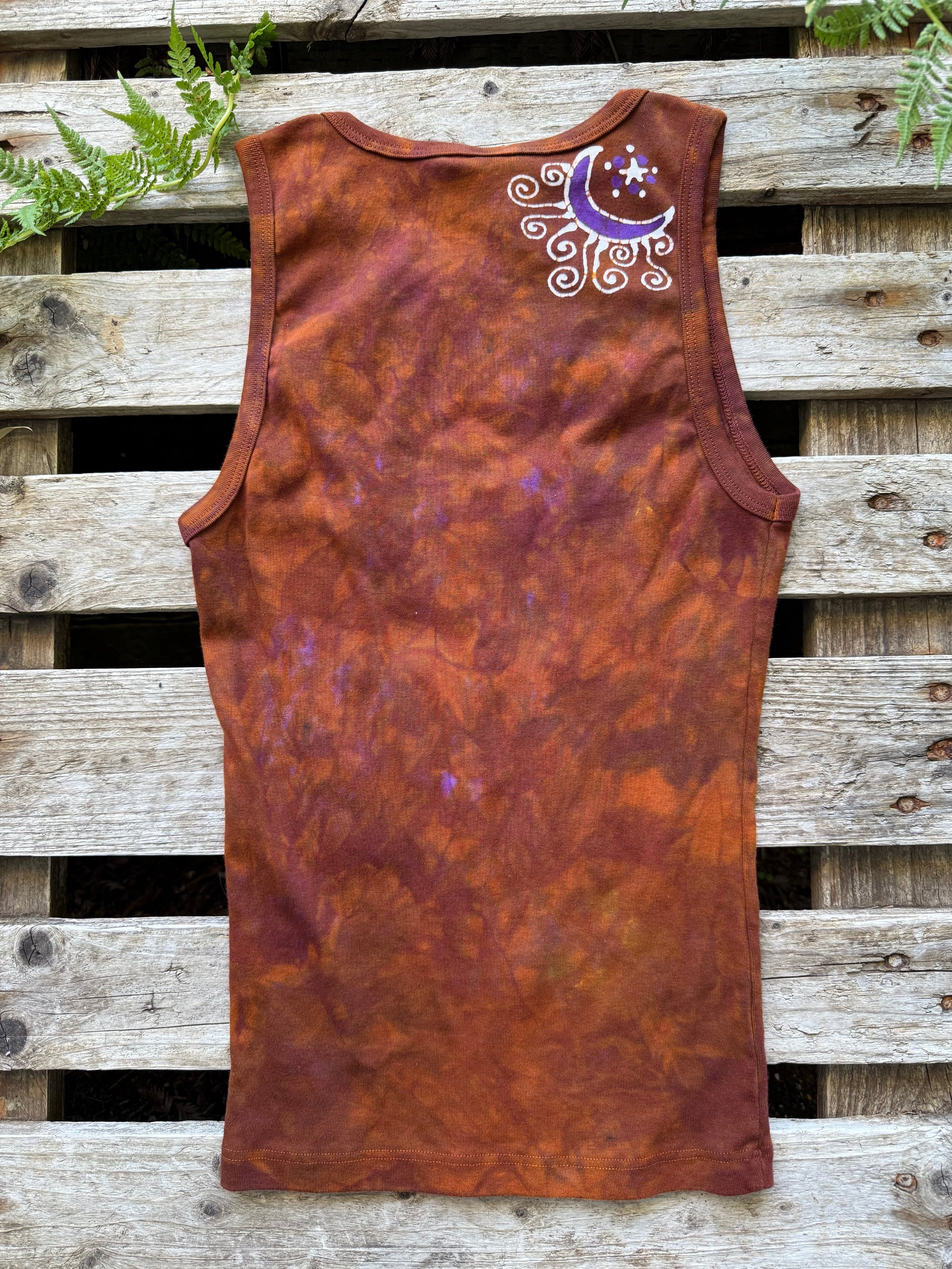 Heart of the Sun Batik Tank – Purple & Amber Art Top with Moon on Back Batikwalla by Victoria 