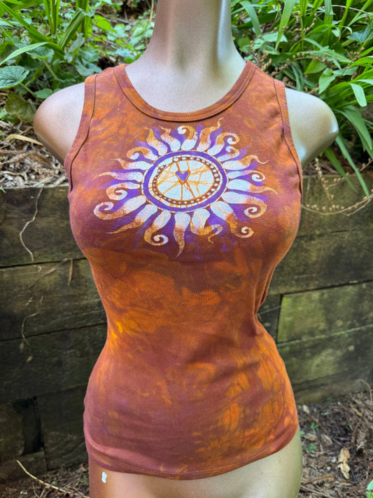 Heart of the Sun Batik Tank – Purple & Amber Art Top with Moon on Back Batikwalla by Victoria Small 