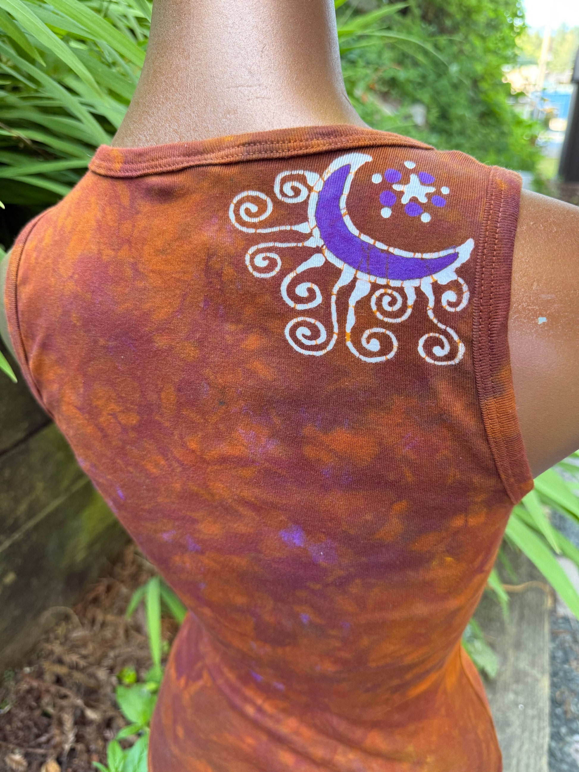 Heart of the Sun Batik Tank – Purple & Amber Art Top with Moon on Back Batikwalla by Victoria 