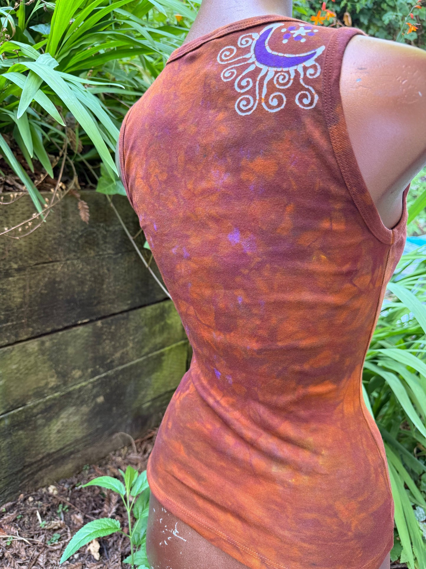 Heart of the Sun Batik Tank – Purple & Amber Art Top with Moon on Back Batikwalla by Victoria 