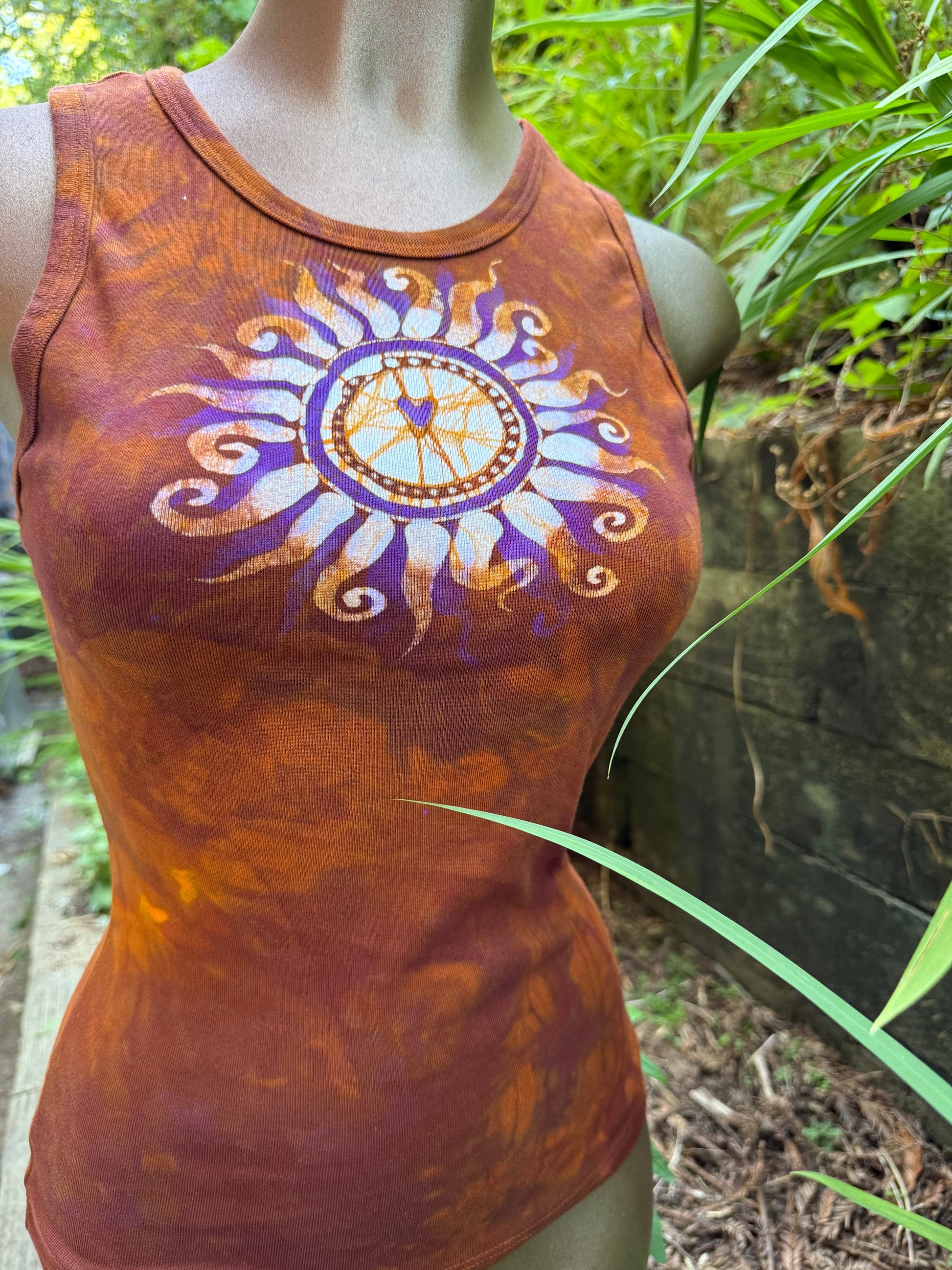 Heart of the Sun Batik Tank – Purple & Amber Art Top with Moon on Back Batikwalla by Victoria 