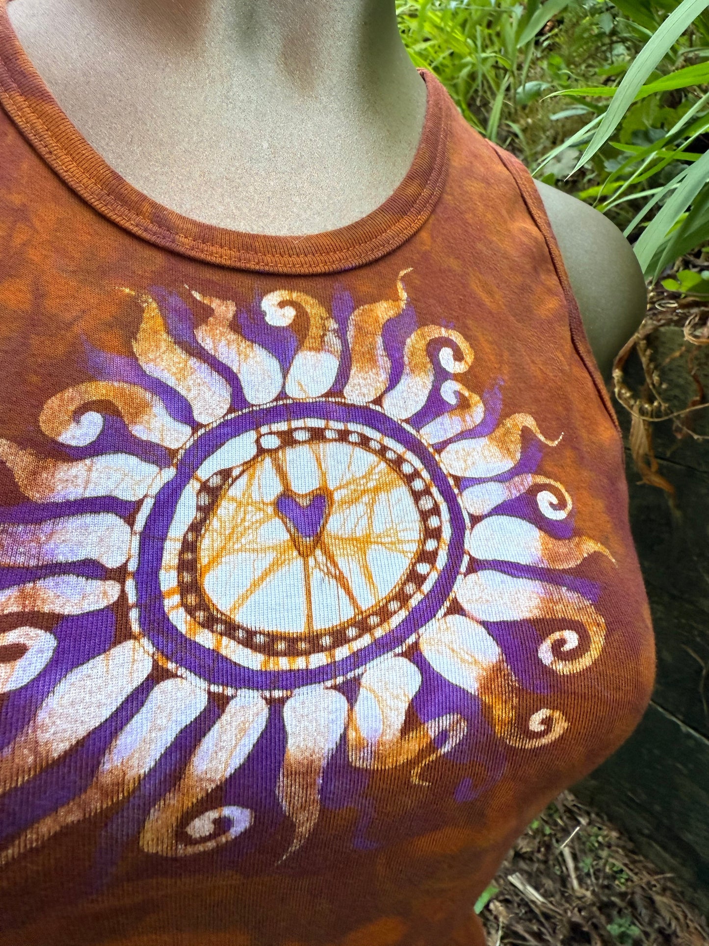Heart of the Sun Batik Tank – Purple & Amber Art Top with Moon on Back Batikwalla by Victoria 