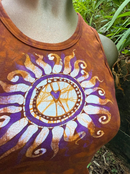 Heart of the Sun Batik Tank – Purple & Amber Art Top with Moon on Back Batikwalla by Victoria 