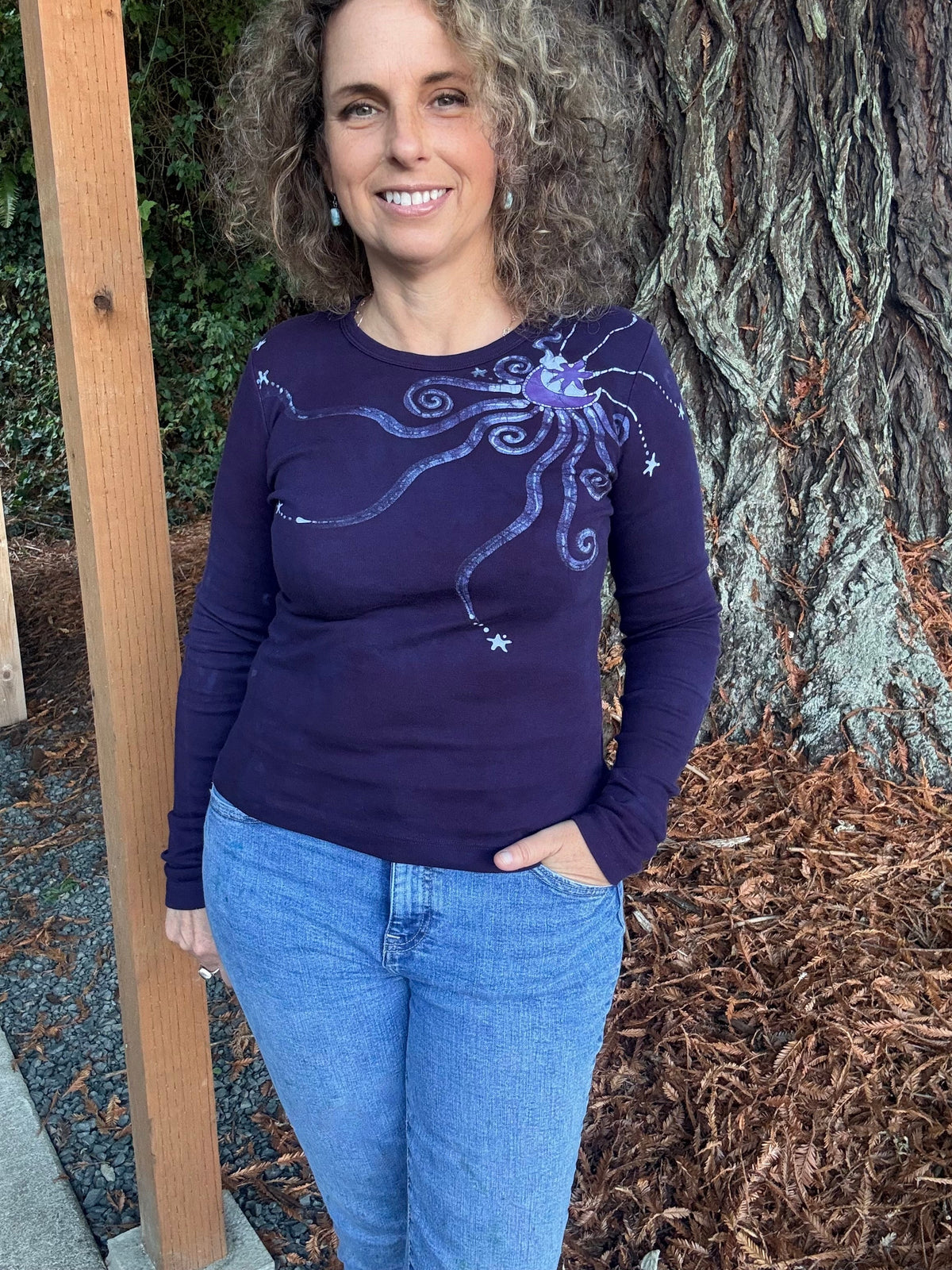 Deep Purple Moon and Stars Batik - Long Sleeve Tee Batikwalla 