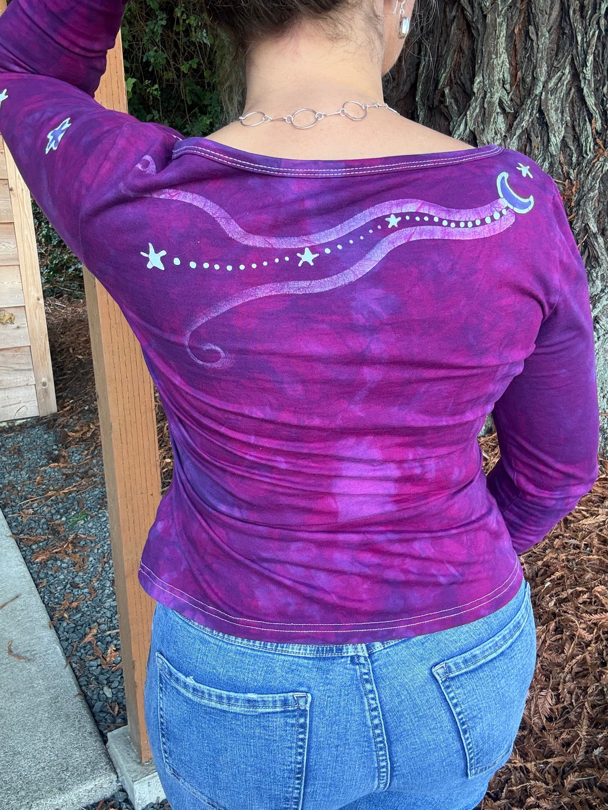 Bright Magenta Purple Moon and Stars Batik Long Sleeve Scoop Neck Tee Batikwalla 