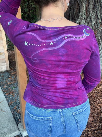 Bright Magenta Purple Moon and Stars Batik Long Sleeve Scoop Neck Tee Batikwalla 