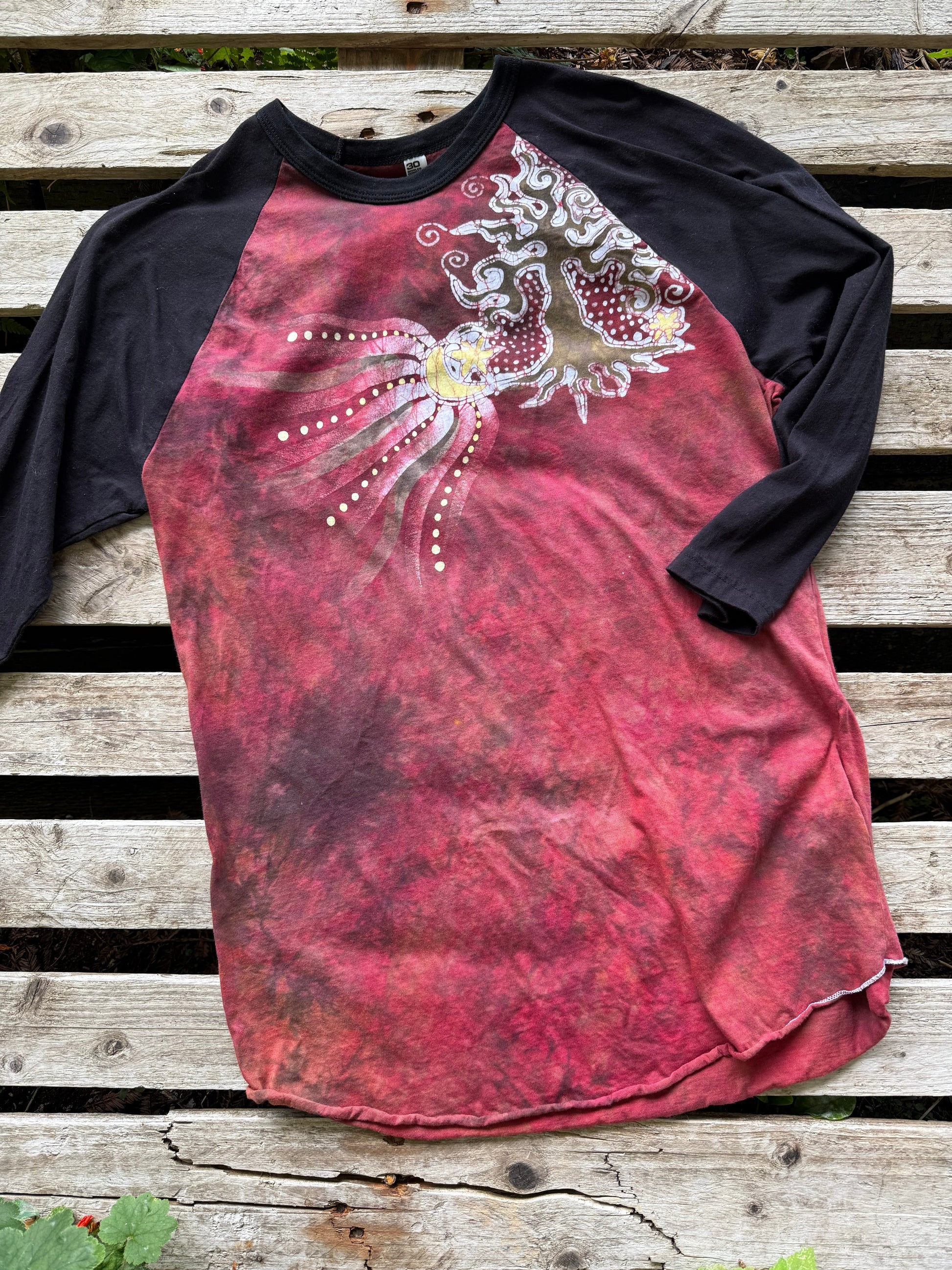 Tree & Moonbeam Rays Batik Tee – 3/4 Sleeve Artist Shirt in Deep Red Batikwalla by Victoria M 