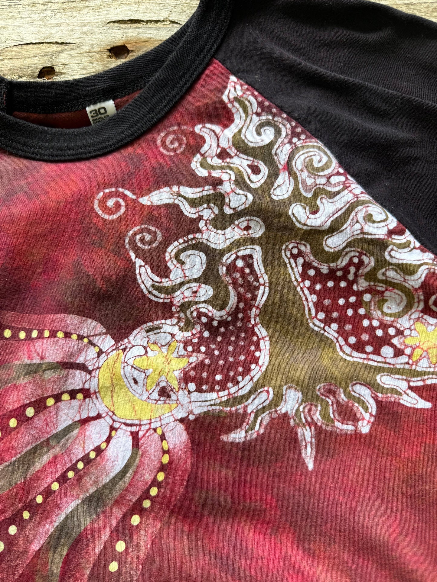 Tree & Moonbeam Rays Batik Tee – 3/4 Sleeve Artist Shirt in Deep Red Batikwalla by Victoria 