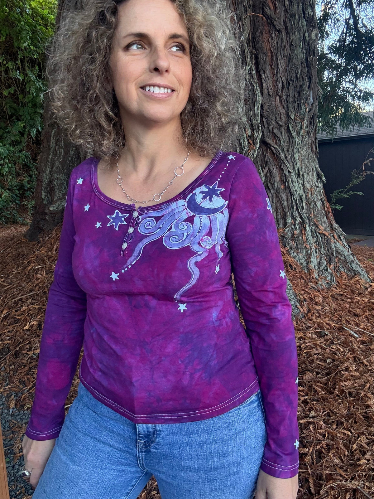 Bright Magenta Purple Moon and Stars Batik Long Sleeve Scoop Neck Tee Batikwalla 